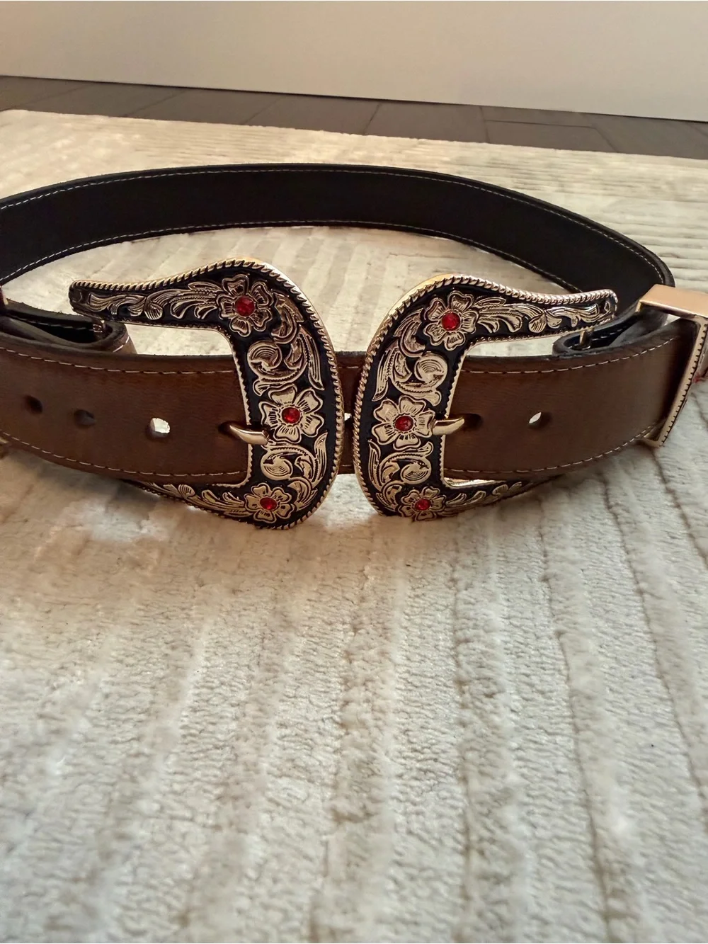 Women's Brown Leather Double Western Buckle Belt with Silver Floral Accents